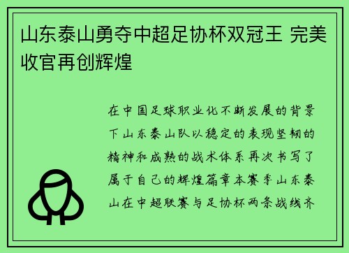 山东泰山勇夺中超足协杯双冠王 完美收官再创辉煌